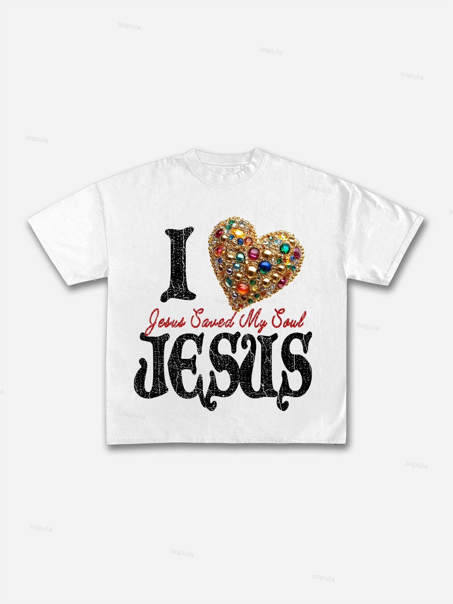 I Love Jesus Diamond Graphic Print Cotton T-shirt Product Image
