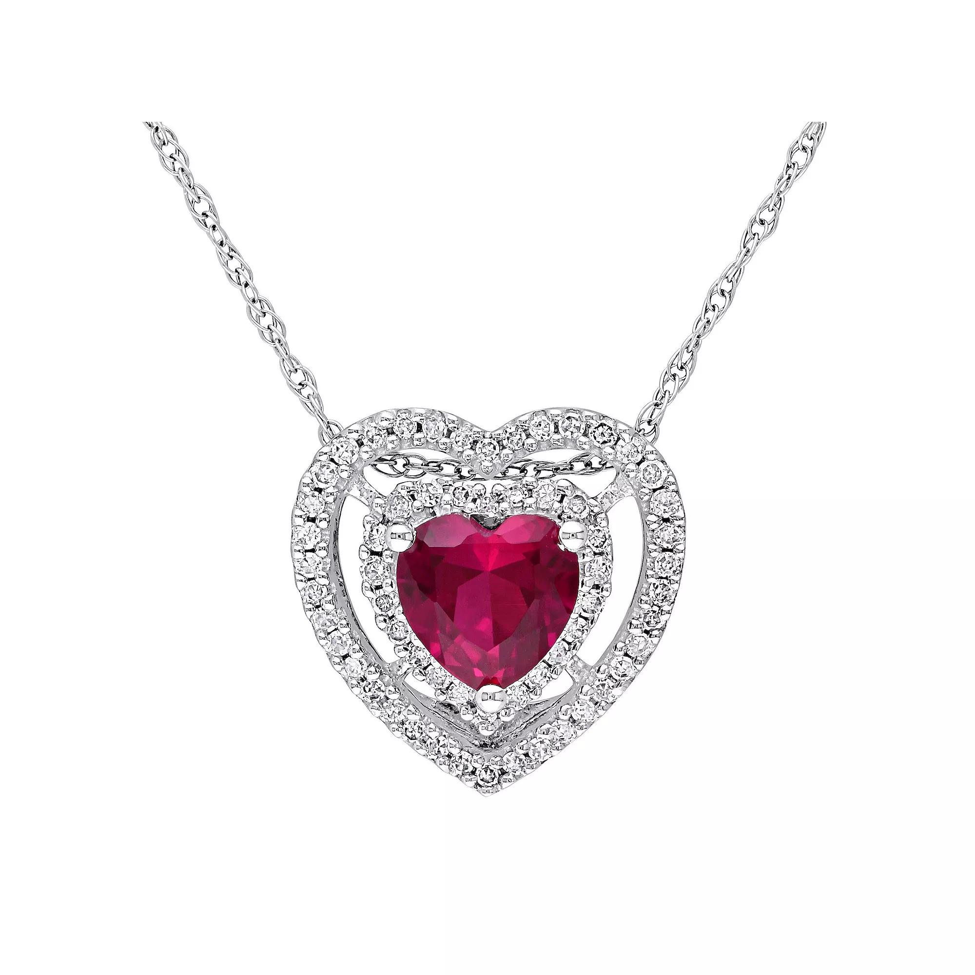 Stella Grace 10k White Gold 1/5 Carat T.W. Diamond & Lab-Created Ruby Heart Pendant Necklace, Women's, Size: 17" Product Image