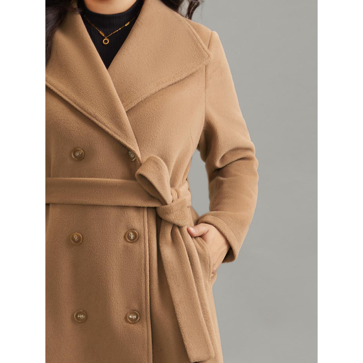 Plus Size Double Breasted Plain Belted Pocket Lapel Collar Coat Women Tan Casual Lined Ladies Dailywear Winter Coats BloomChic 28/5X Product Image