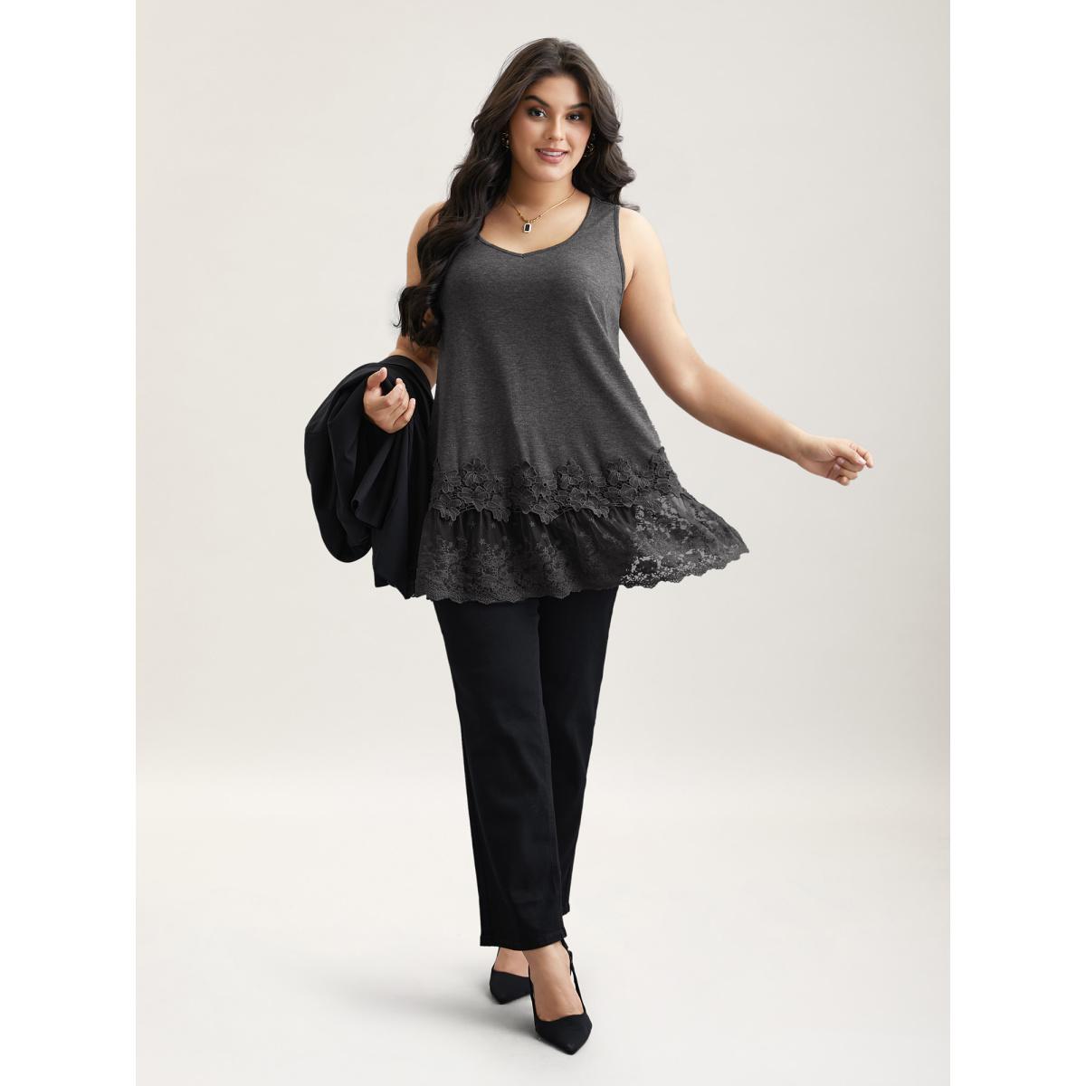 Plus Size Lace Patchwork Plain V-Neck Vest Women DimGray Elegant Woven ribbon&lace trim V-neck Everyday Tank Tops Camis BloomChic 10/M Product Image