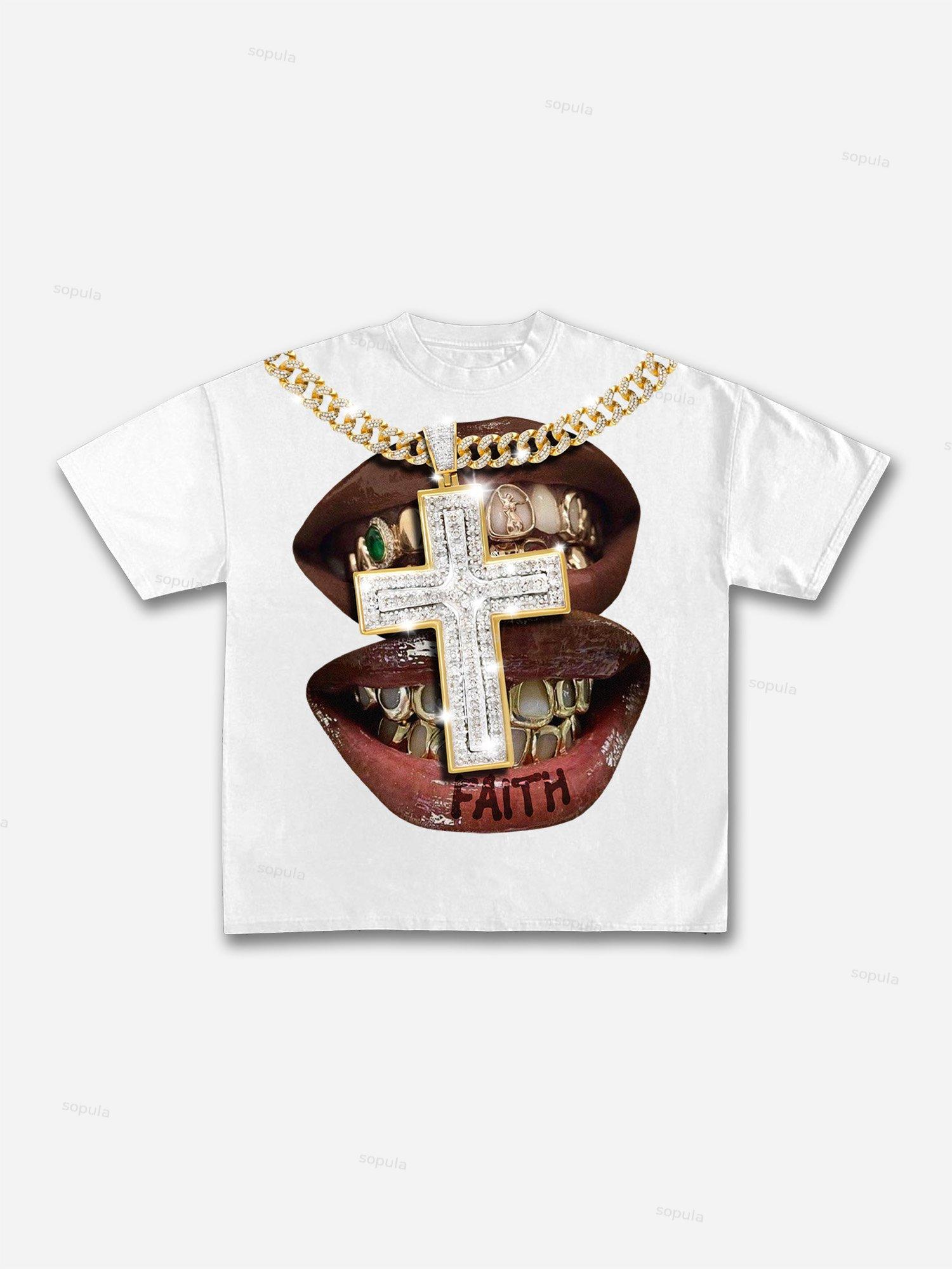 Faith Cross Diamond Necklace Lips Graphic Cotton T-shirt Product Image