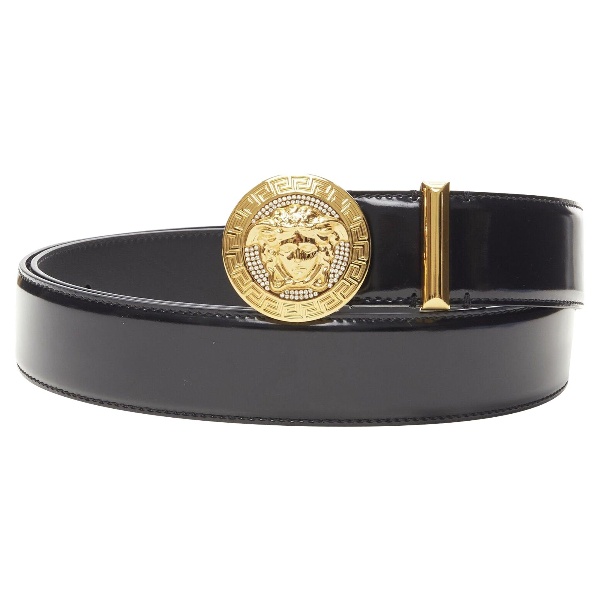 VERSACE Medusa Streamlined Leather Belt With Adjustable Length And Gold-tone Buckle In Black Product Image