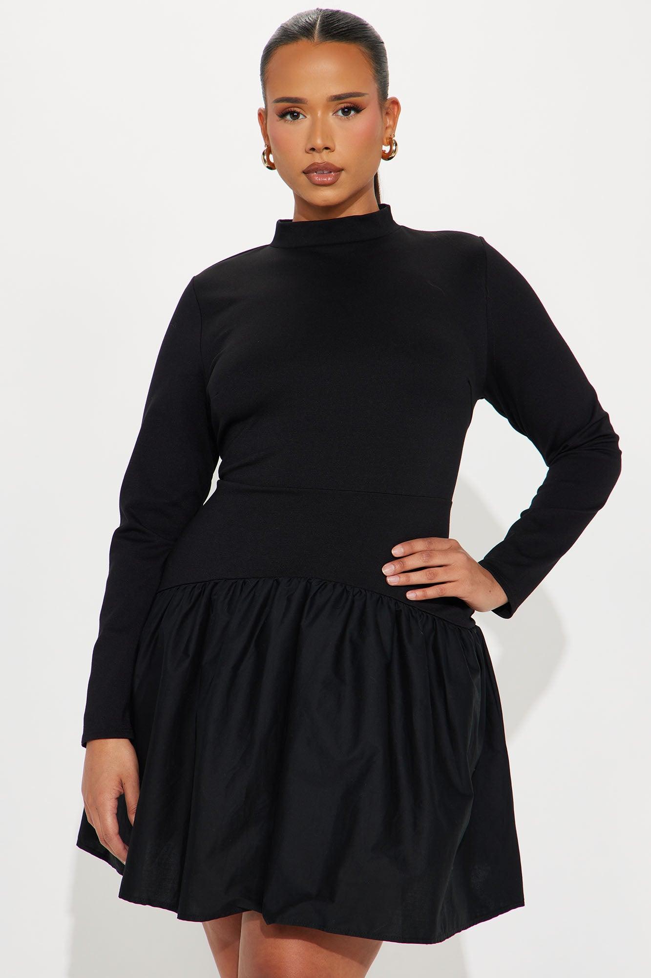 Kennedy Long Sleeve Drop Waist Mini Dress - Black Product Image