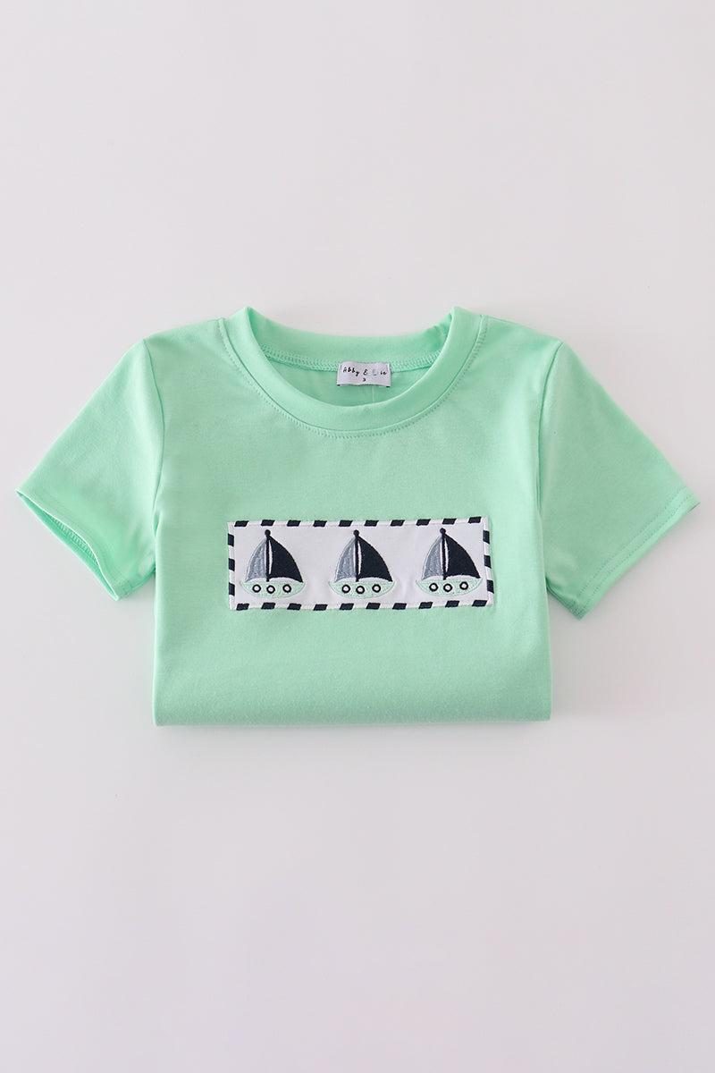Green seersucker sailboat embroidery top Product Image