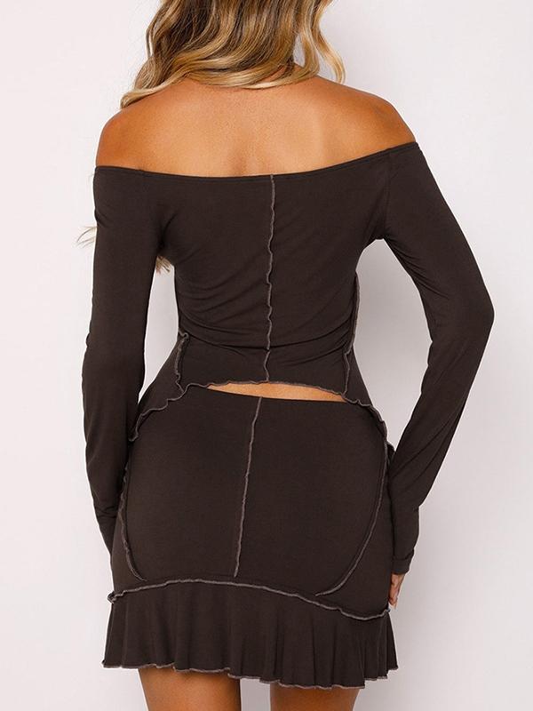 Off Shoulder Top-stitching Cropped Tee & Mini Skirt Set Product Image