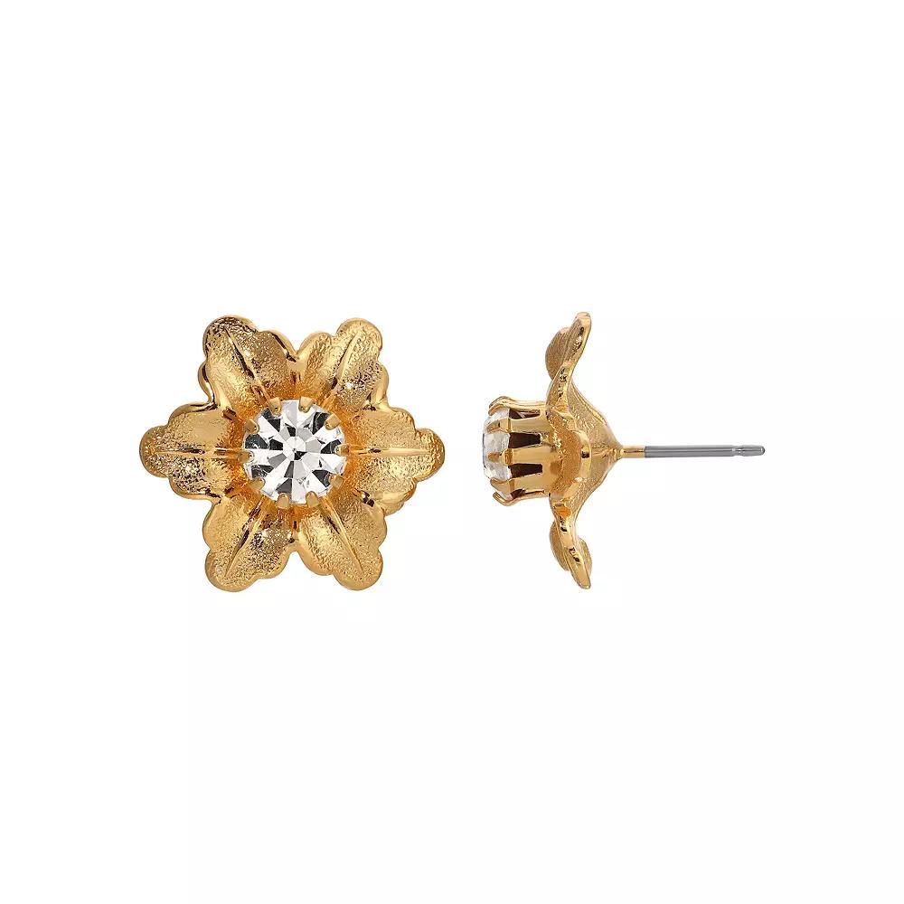 1928 Gold Tone Crystal Flower Stud Earrings, Womens, White Product Image