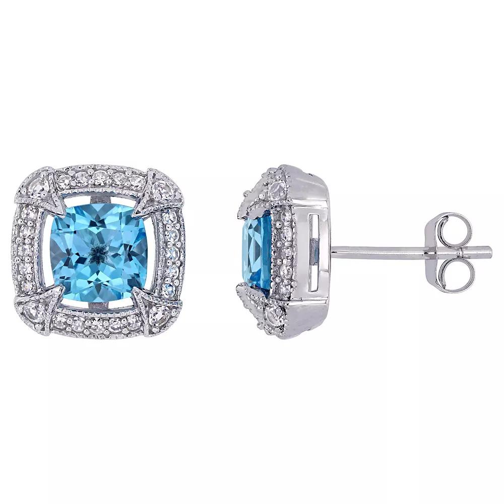 Stella Grace 10k White Gold Swiss Blue Topaz, White Sapphire & 1/5 Carat T.W. Diamond Halo Stud Earrings, Womens, 10k Whgold Product Image