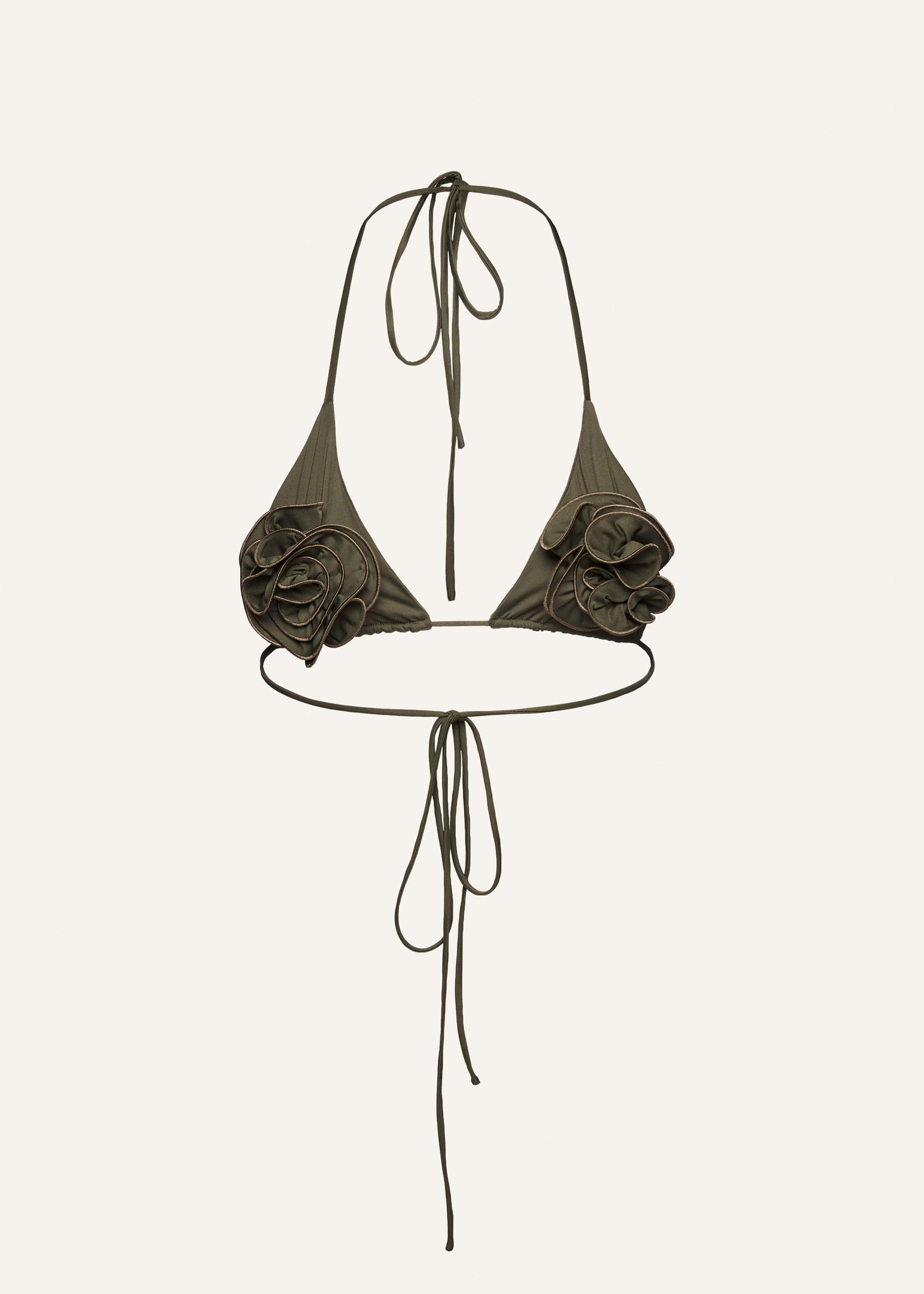 Floral strappy triangle bikini top in khaki Product Image