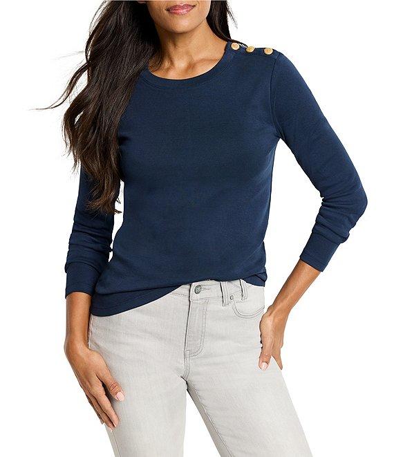 NIC + ZOE NZT Cotton Knit Round Neck Long Sleeve Shoulder Button Top Product Image