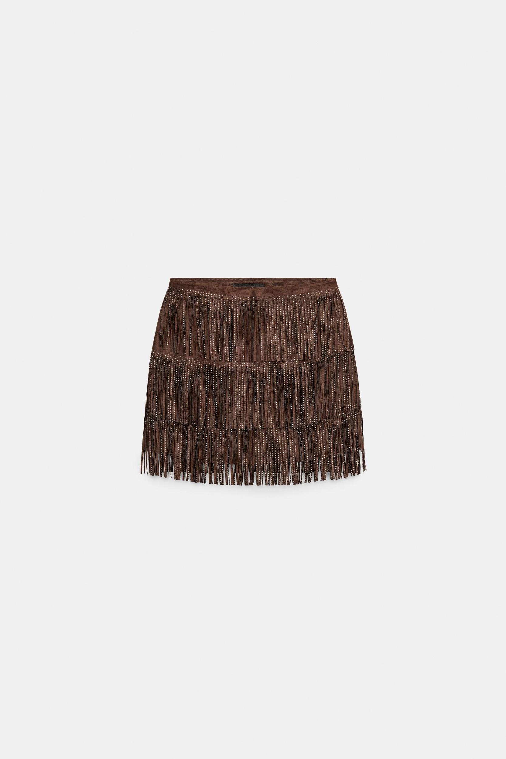 SHIMMERING FAUX SUEDE FRINGE SKIRT Product Image