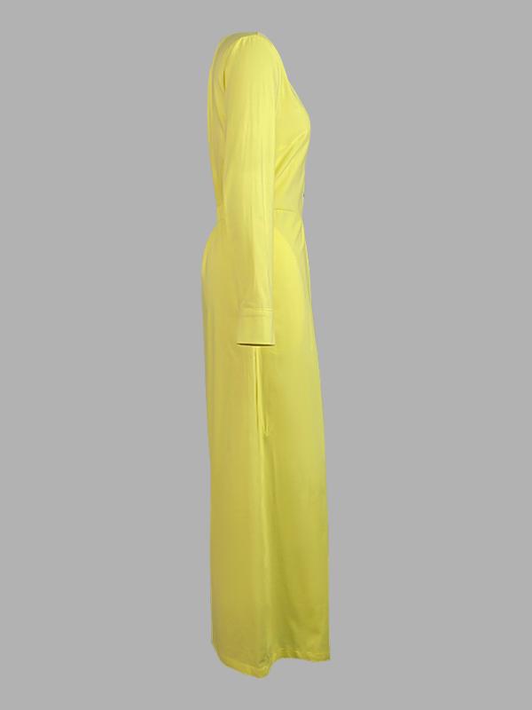 High Waisted Long Sleeves Buttoned Pockets Solid Color V-Neck Jumpsuits Product Image