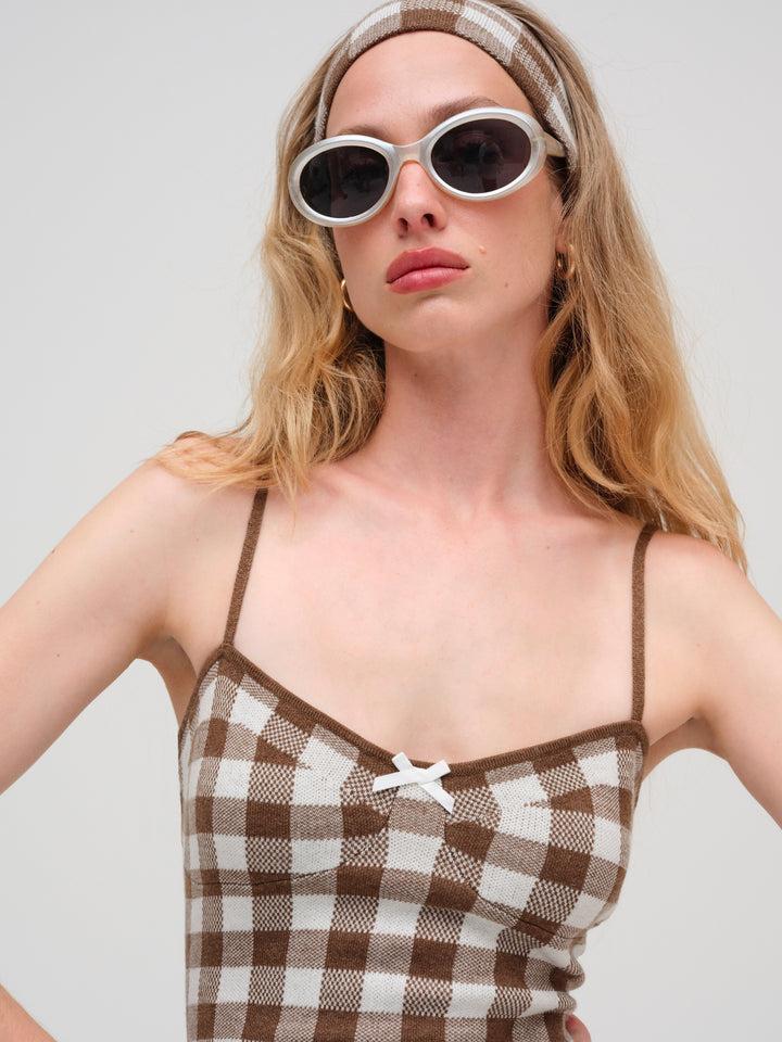 Gingham Knit Mini Dress — Brown Product Image