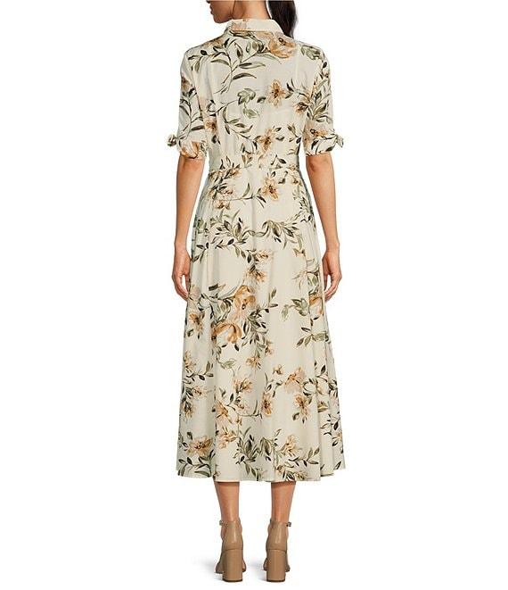 Calvin Klein Short Sleeve Point Collar Tie Waist Floral Pleated Skirt Button Front Midi A-Line Dress Product Image