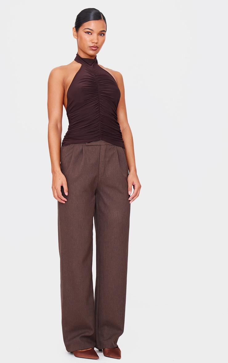 Chocolate Slinky Ruched High Neck Long Top Product Image