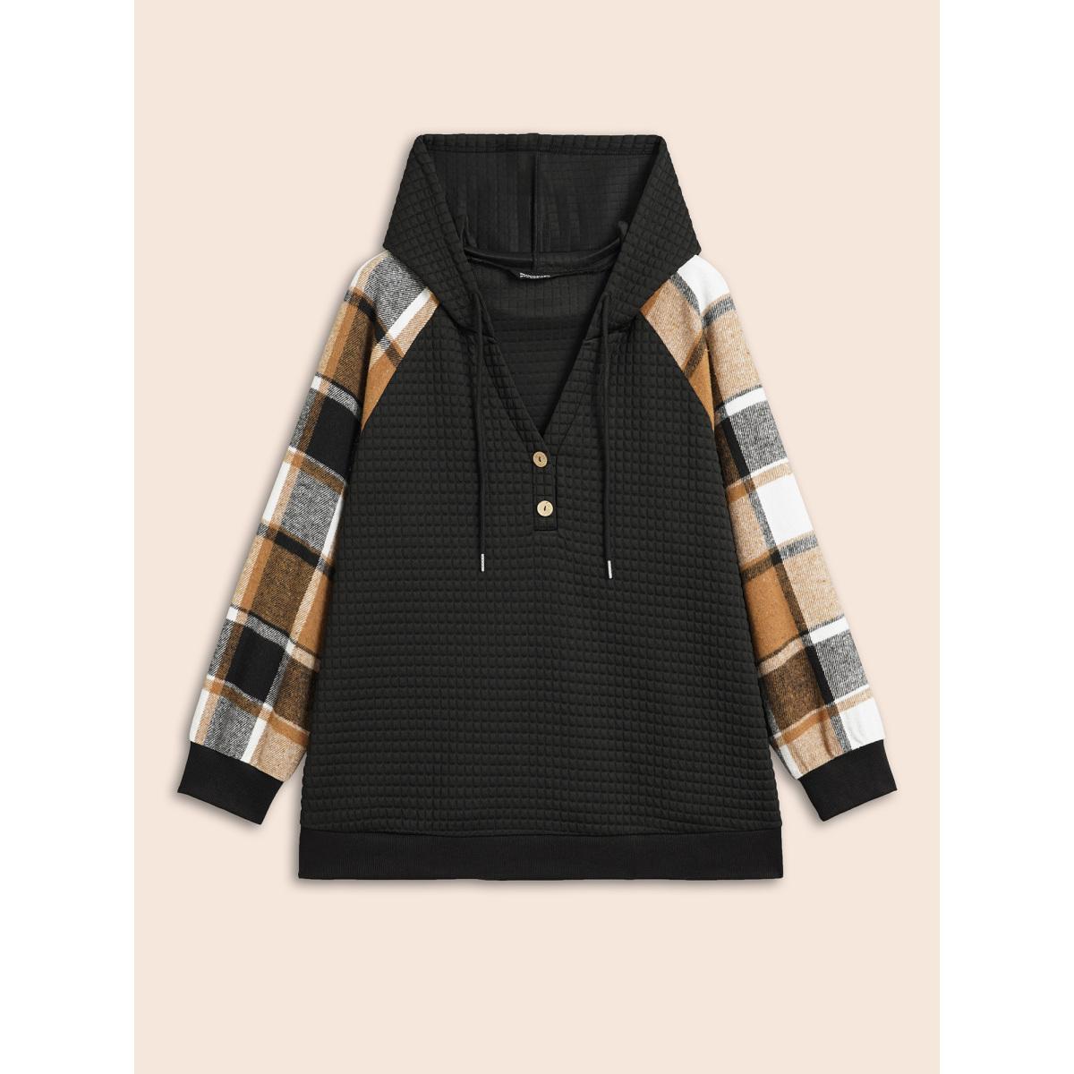 Plus Size Plaid Patchwork Hooded Raglan Sleeve Sweatshirt Women Black Casual Texture Hooded Everyday Sweatshirts BloomChic 18-20/2X Product Image