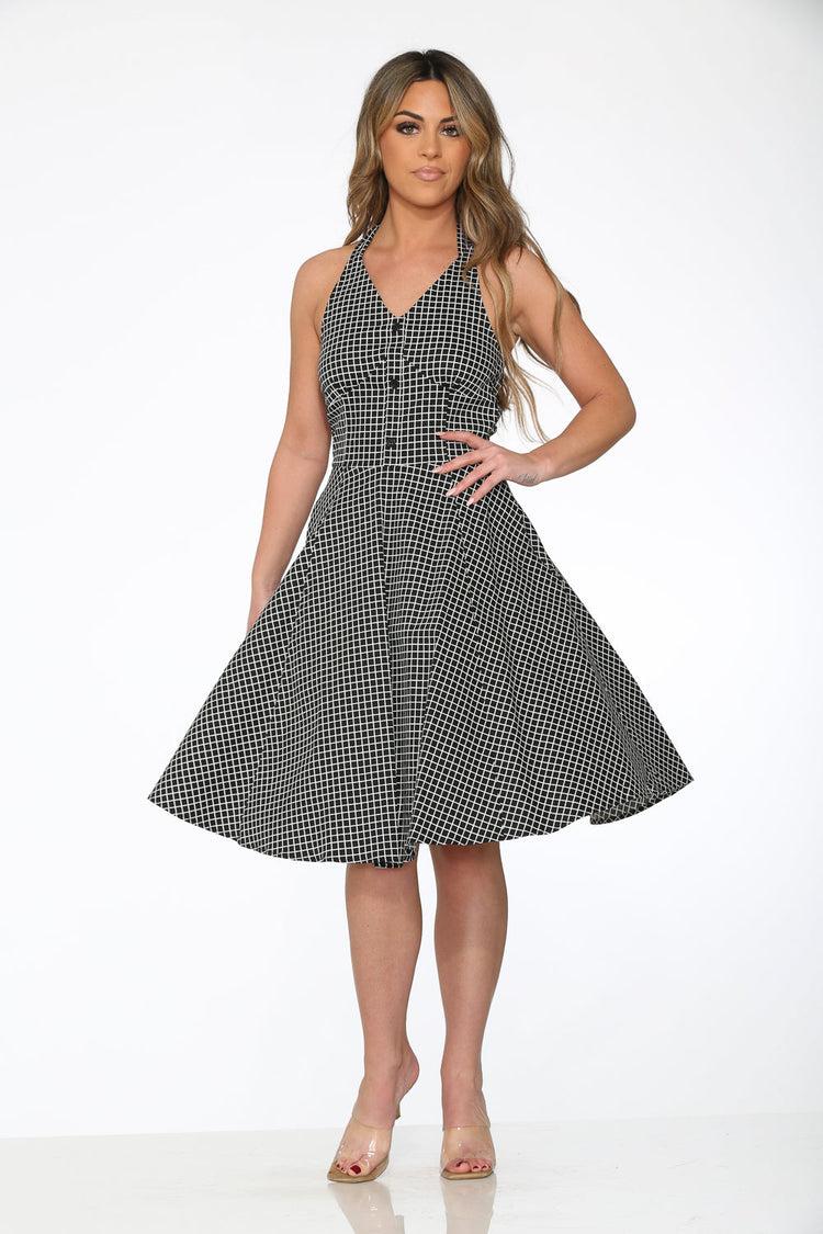 Black White Checkmate Halter Dress Product Image