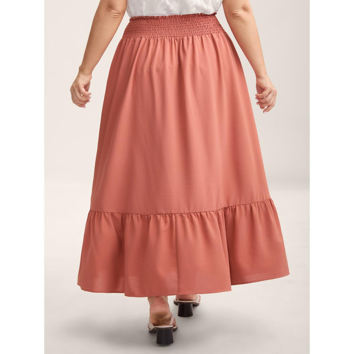 Plus Size Shirred Back Button Detail Maxi Skirt Women Denimdustypink Loose No stretch Side seam pocket Vacation Skirts BloomChic 18-20/2X Product Image