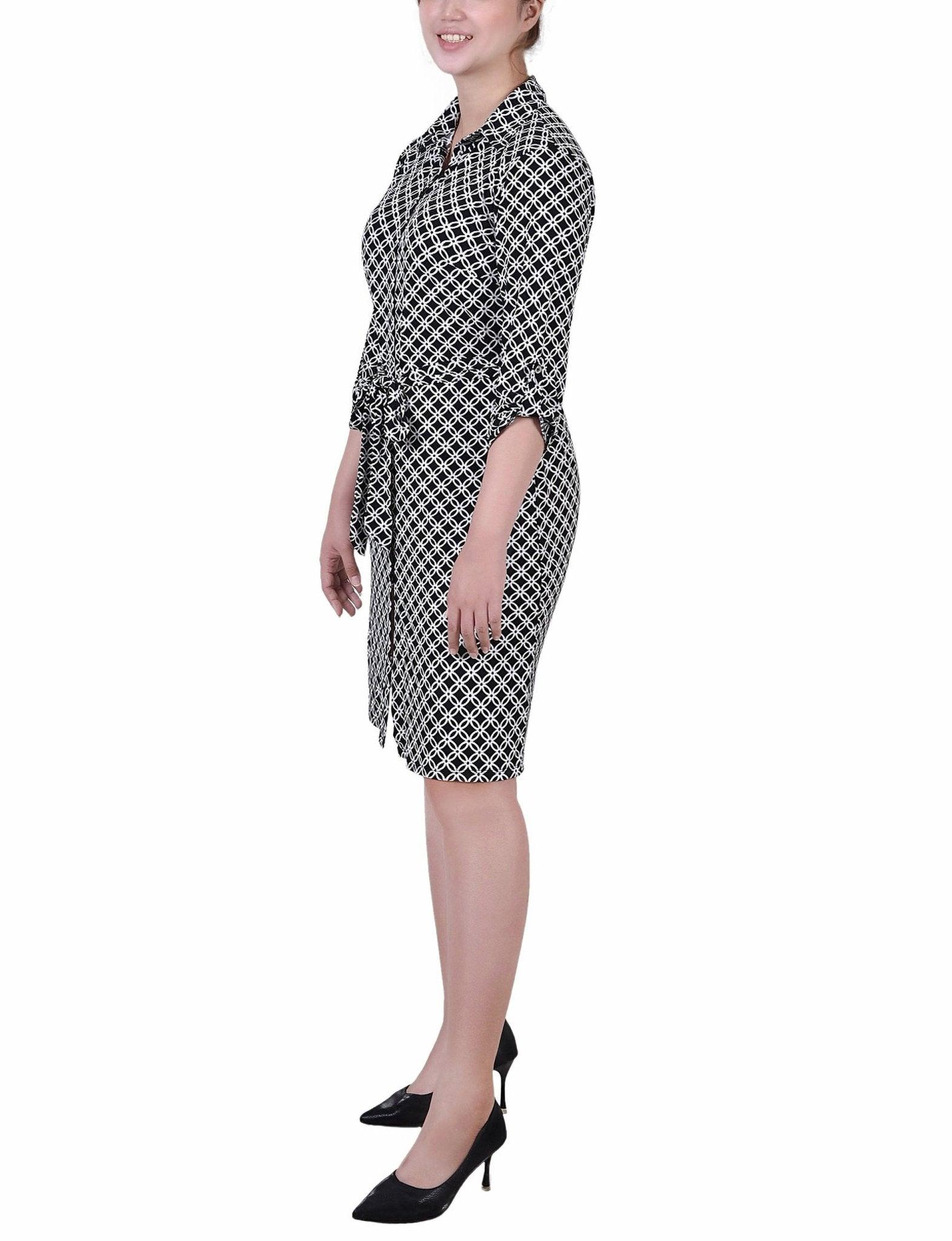 Black White Iconic 3/4 Roll Tab Sleeve Belted Shirtdress - Petite Product Image