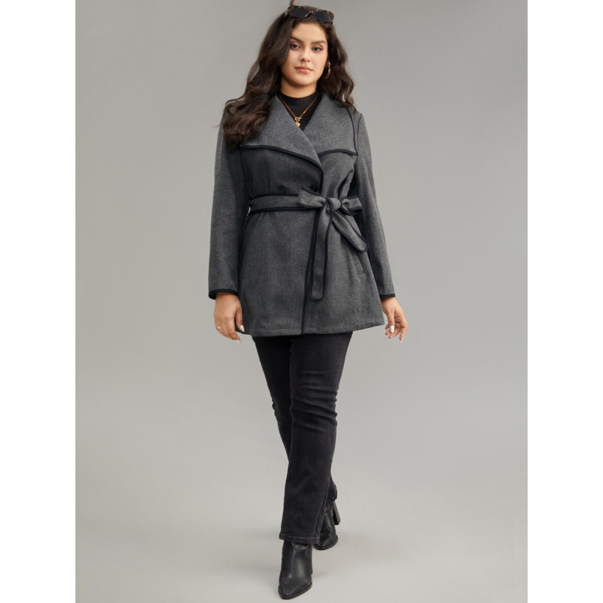 Plus Size Lapel Collar Contrast Trim Belted Button Up Coat Women DimGray Casual Belted Ladies Dailywear Winter Coats BloomChic 30/6X Product Image