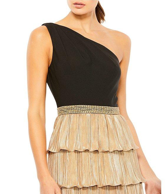 Mac Duggal Tiered Sleeveless One Shoulder Ruffle High Slit Belted Gown Product Image