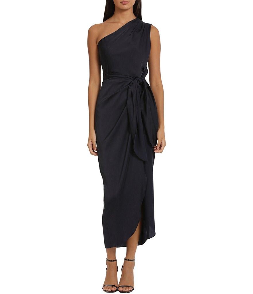Donna Morgan One Shoulder Tie Waist Draped Skirt Midi Dress Product Image