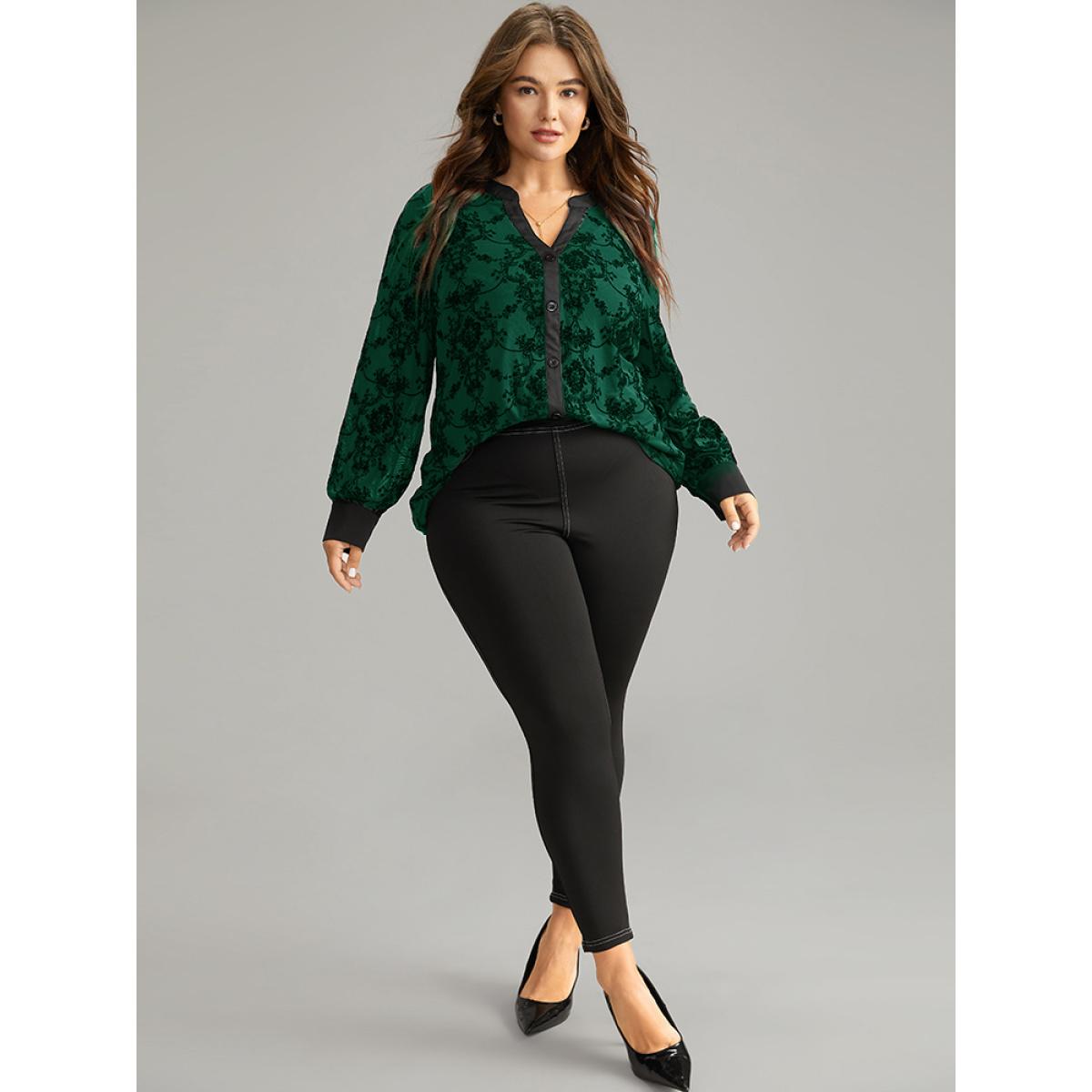 Plus Size DarkGreen Floral Print Mesh V Neck Blouse Women Elegant Long Sleeve V-neck Dailywear Blouses BloomChic 18-20/2X Product Image