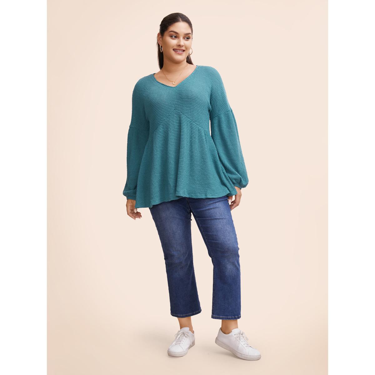 Plus Size Waffle Knit Lantern Sleeve Flutter Hem Sweatshirt Women Cerulean Elegant Texture V-neck Dailywear Sweatshirts BloomChic 14-16/1X Product Image