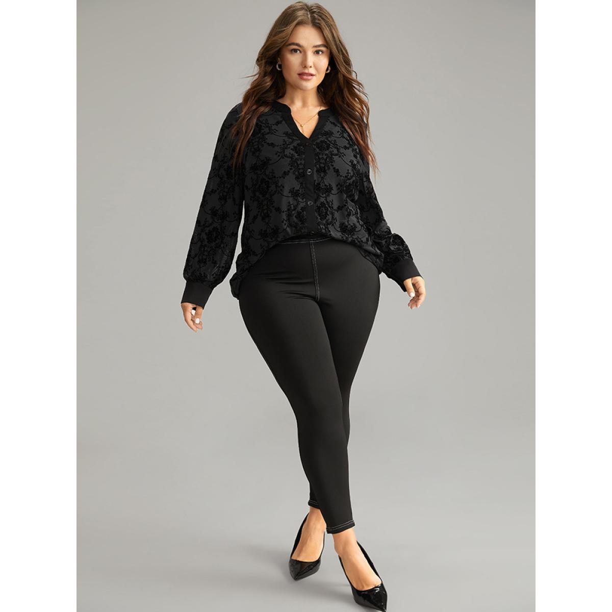 Plus Size DarkGreen Floral Print Mesh V Neck Blouse Women Elegant Long Sleeve V-neck Dailywear Blouses BloomChic 12/L Product Image