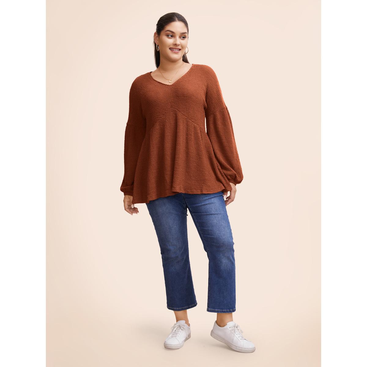 Plus Size Waffle Knit Lantern Sleeve Flutter Hem Sweatshirt Women Chocolate Elegant Texture V-neck Dailywear Sweatshirts BloomChic 10/M Product Image