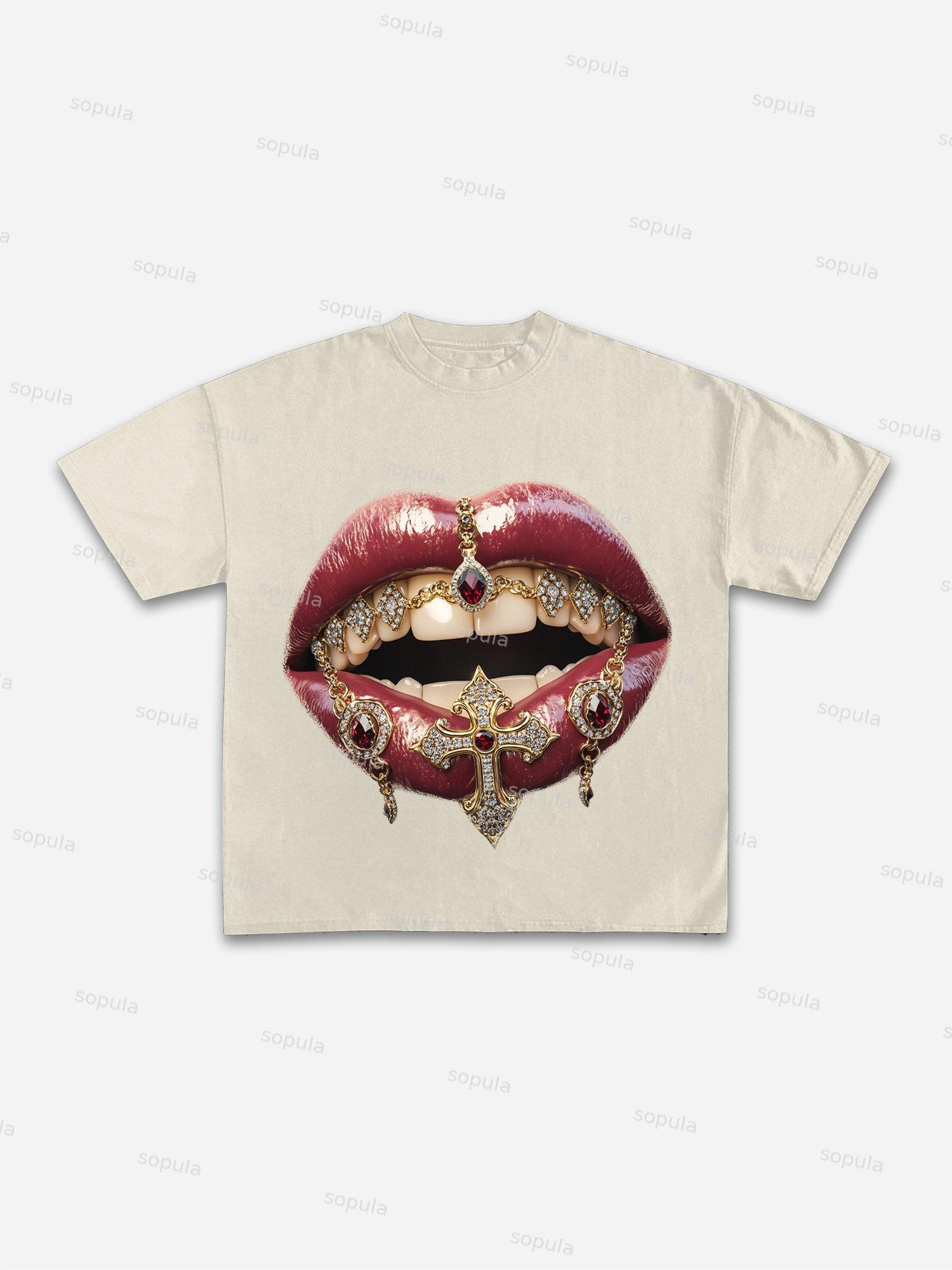 Lips Cross Diamond Print Cotton T-shirt Product Image