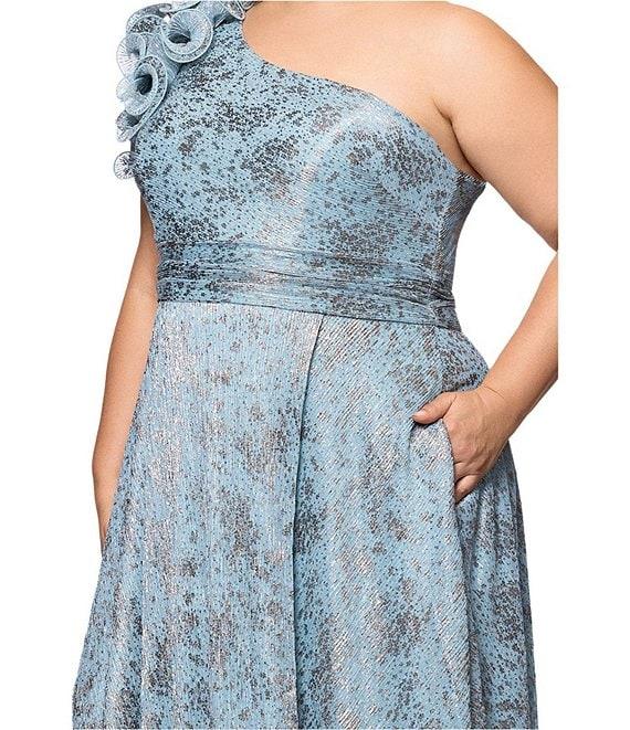 Xscape Plus Size Ruffled One Shoulder Crinkled Foil A-Line Gown Product Image