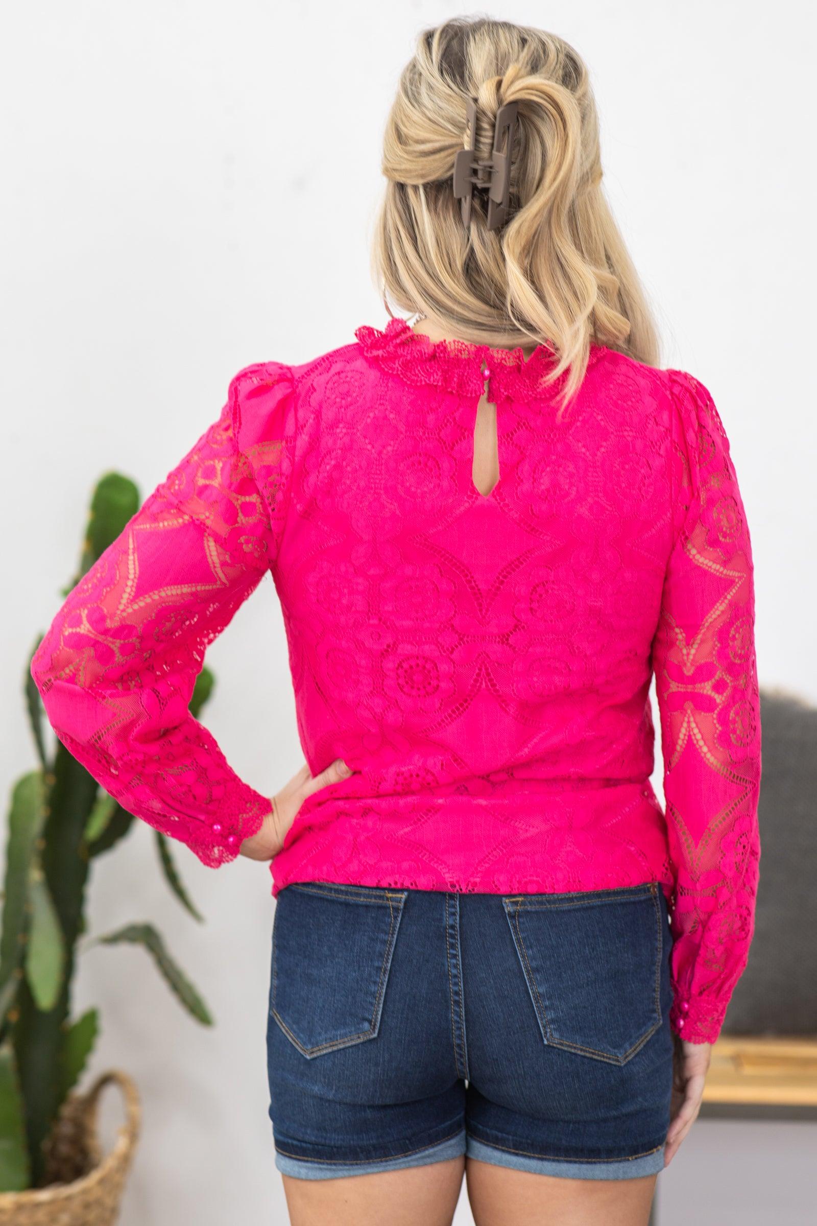 Hot Pink Lace Mock Neck Woven Top Product Image