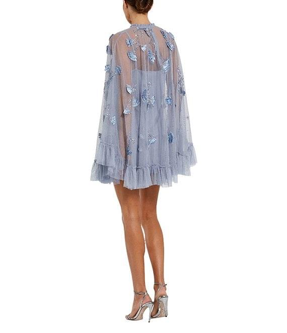 Mac Duggal Mock Neck Long Flared Sleeve Mesh A-Line Mini Dress Product Image