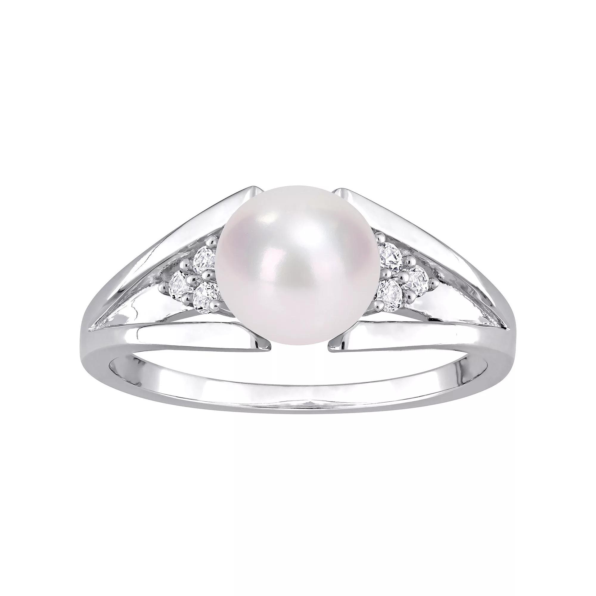 Stella Grace Sterling Silver Freshwater Cultured Pearl & Diamond Accent Split-Shank Ring, Womens Product Image