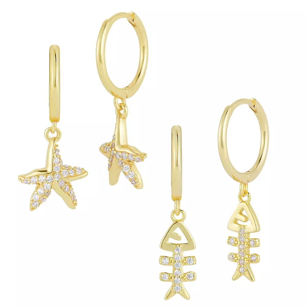 Sunkissed Sterling Cubic Zirconia Nautical Charm Huggie Hoop Earring Set, Women's, Gold Tone Product Image