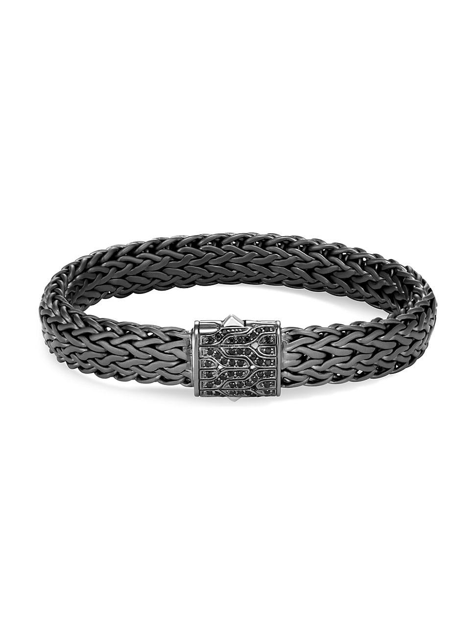 John Hardy Mens Blackened Sterling Silver Classic Chain Large Flat Link Bracelet with Black Sapphire Product Image