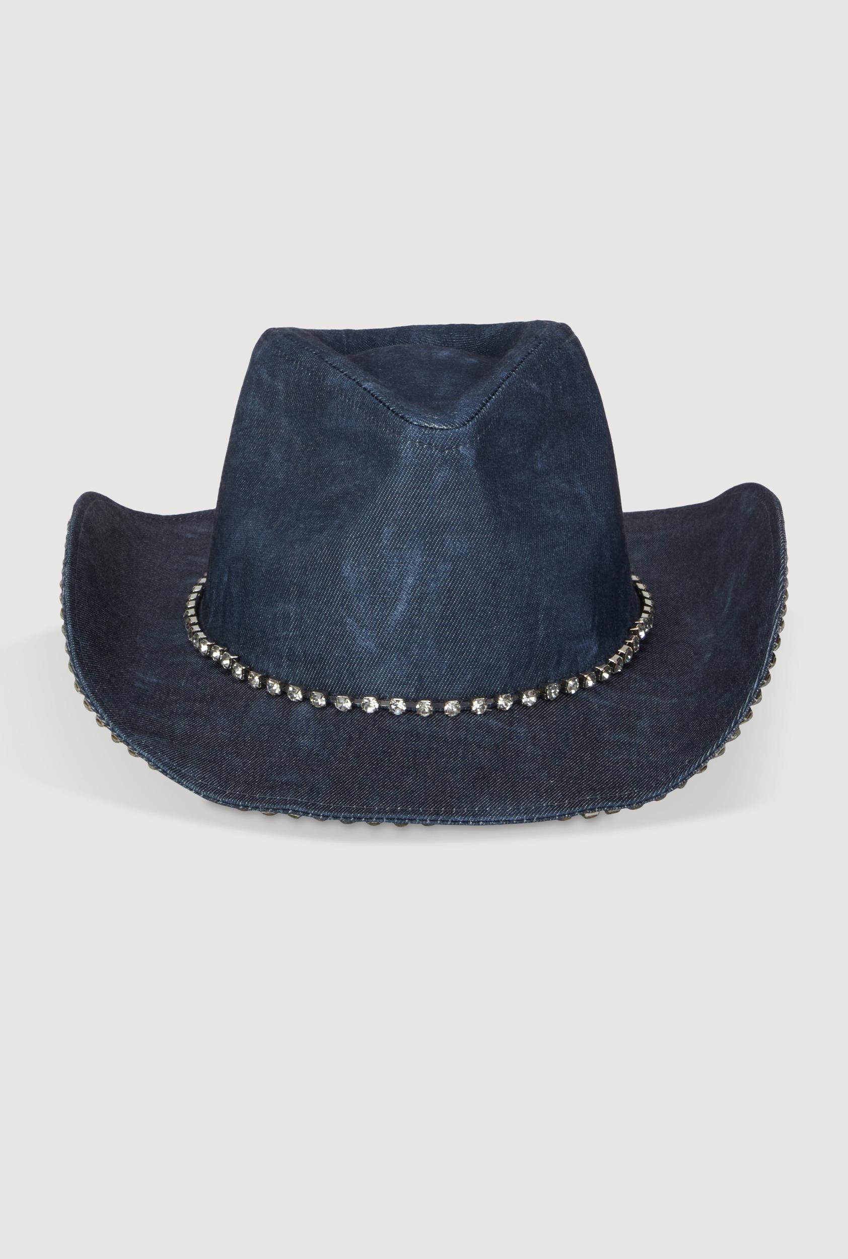 Rhinestone Trim Denim Print Cowboy Hat Female Product Image