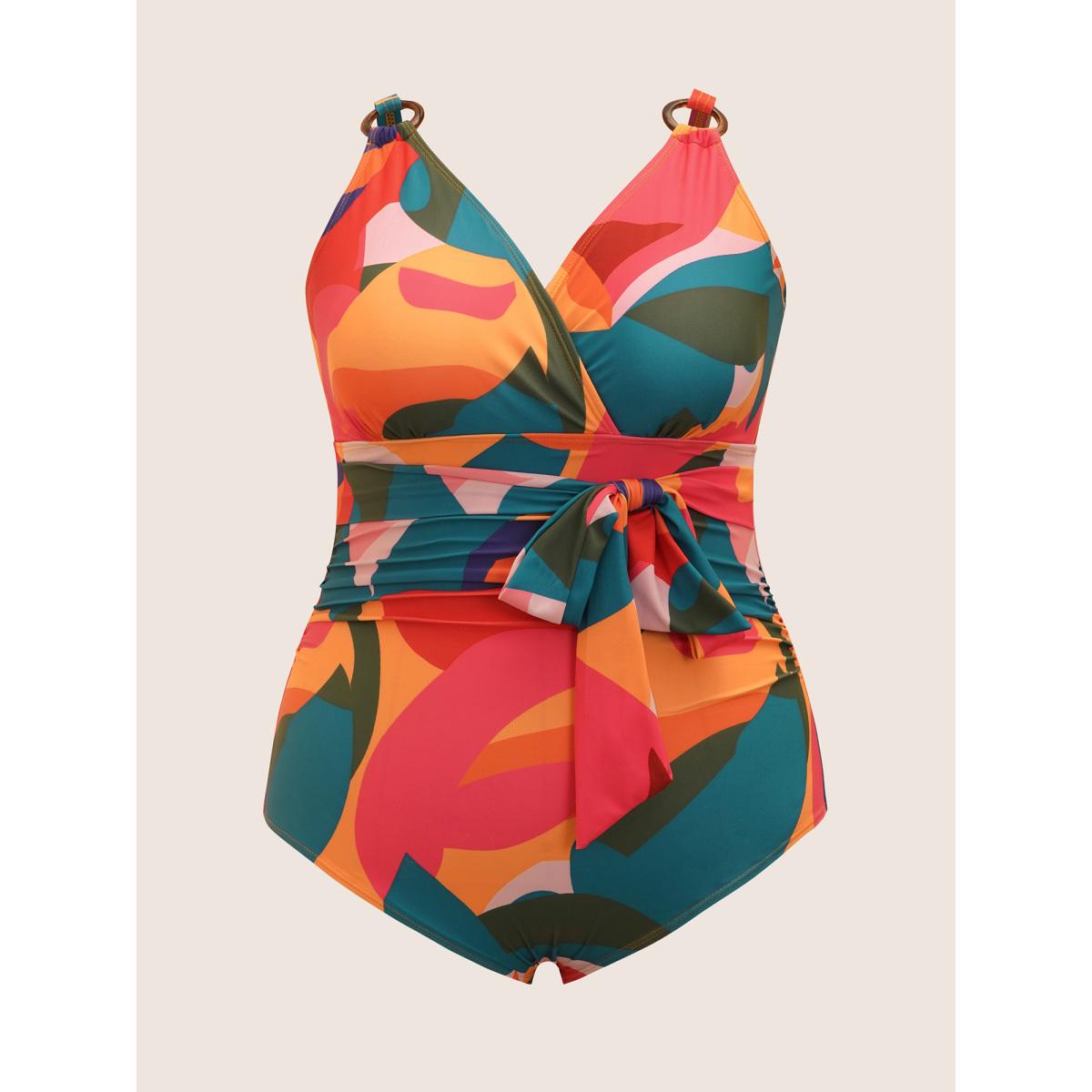 Plus Size Asymmetrical Colorblock Contrast Ties One Piece Swimsuit Women's Swimwear Multicolor Beach Tie knot Curve Bathing Suits High stretch One Pieces BloomChic 30/6X Product Image