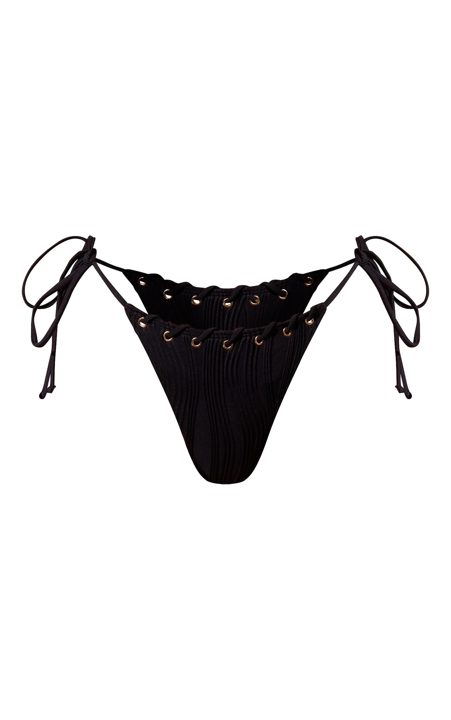 Black Textured Lace Up Detail Tie Side Bikini Bottoms Product Image