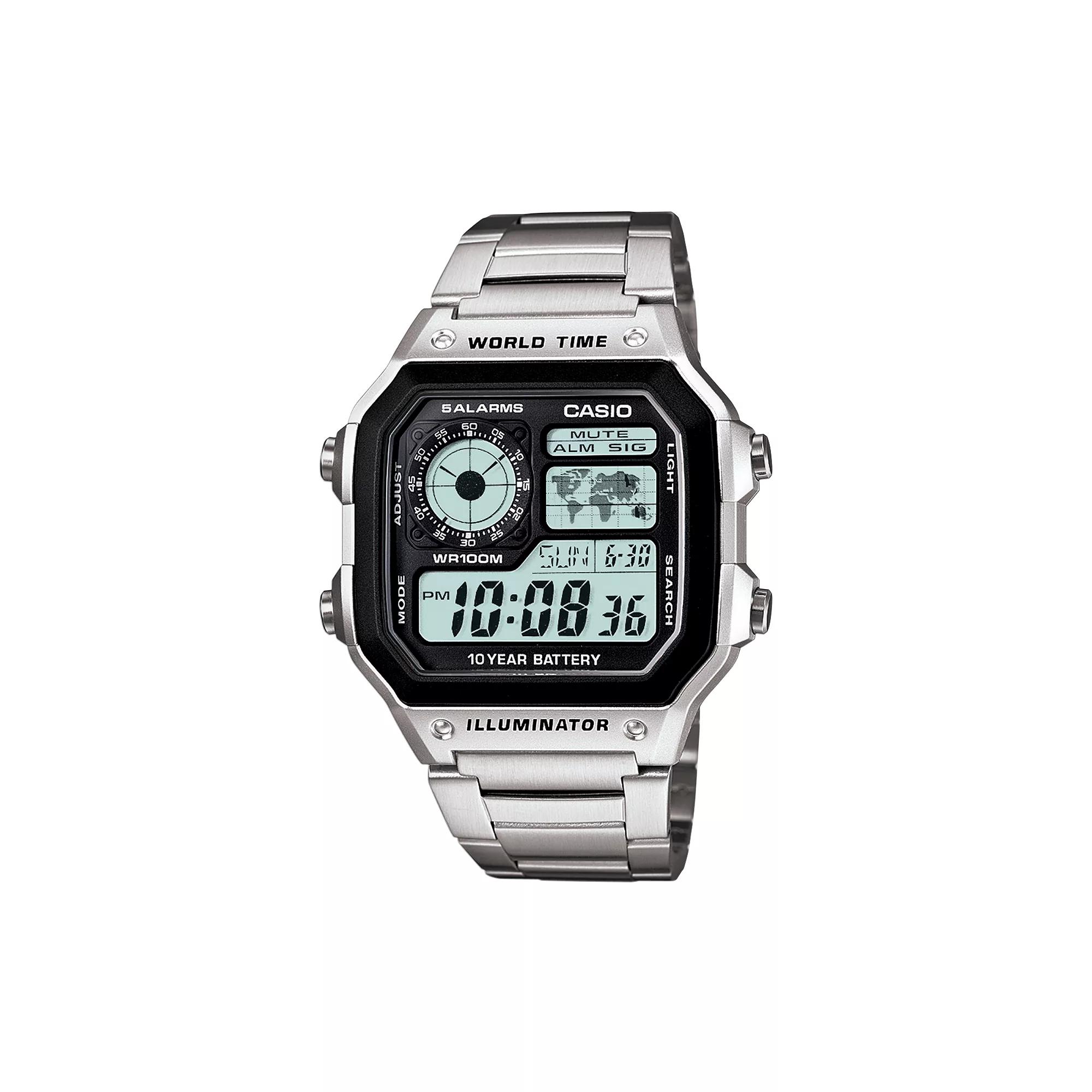 Casio World Time Stainless Steel Digital Chronograph Watch - AE1200WHD-1A - Men, Men's, Gray Product Image