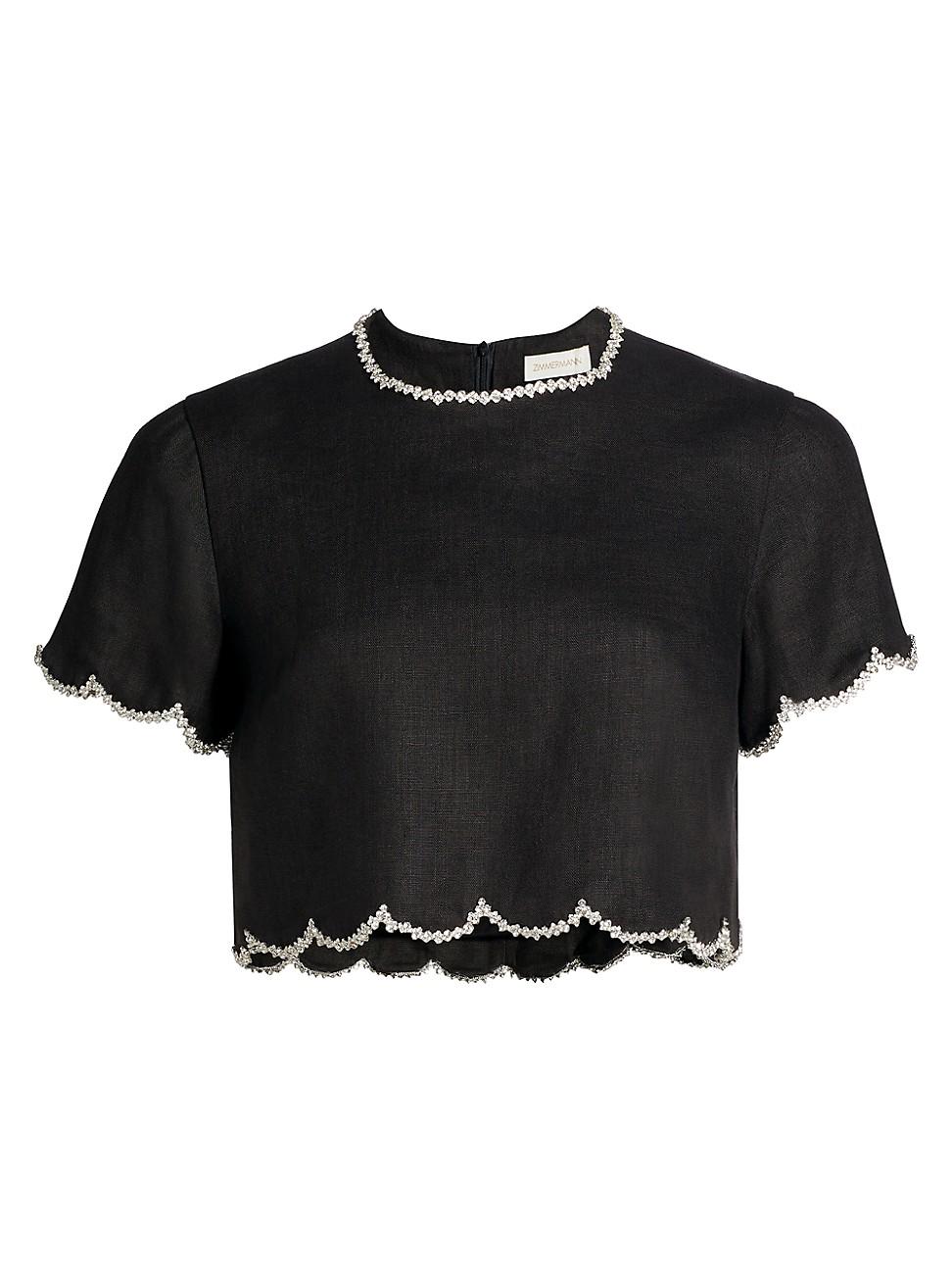 Womens Crush Crystal-Embellished Scalloped Linen Crop Top Product Image