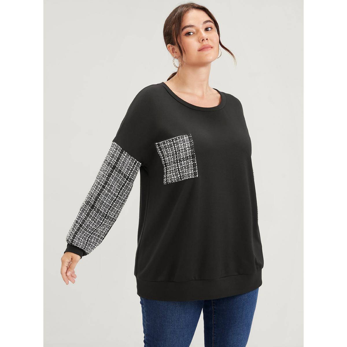 Plus Size Colorblock Contrast Pocket Raw Trim Drop Shoulder Sweatshirt Women Black Casual Patchwork Round Neck Dailywear Sweatshirts BloomChic 12/L Product Image