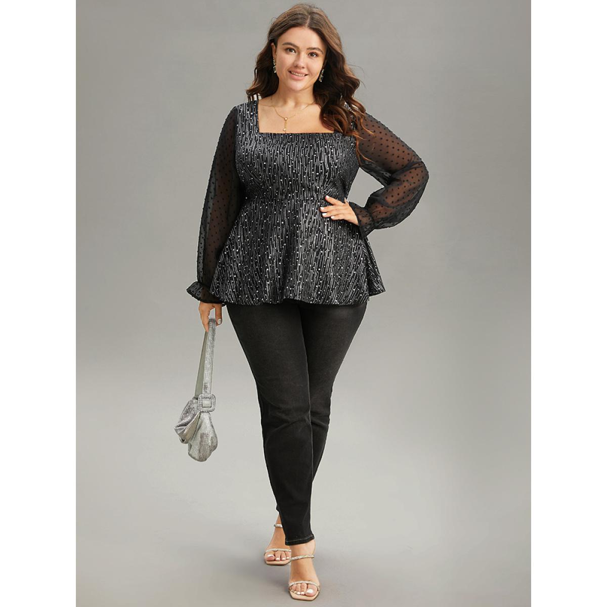 Plus Size Black Plain Textured Glitter Patchwork Square Neck Blouse Women Glamour Long Sleeve Square Neck Party Blouses BloomChic 22-24/3X Product Image
