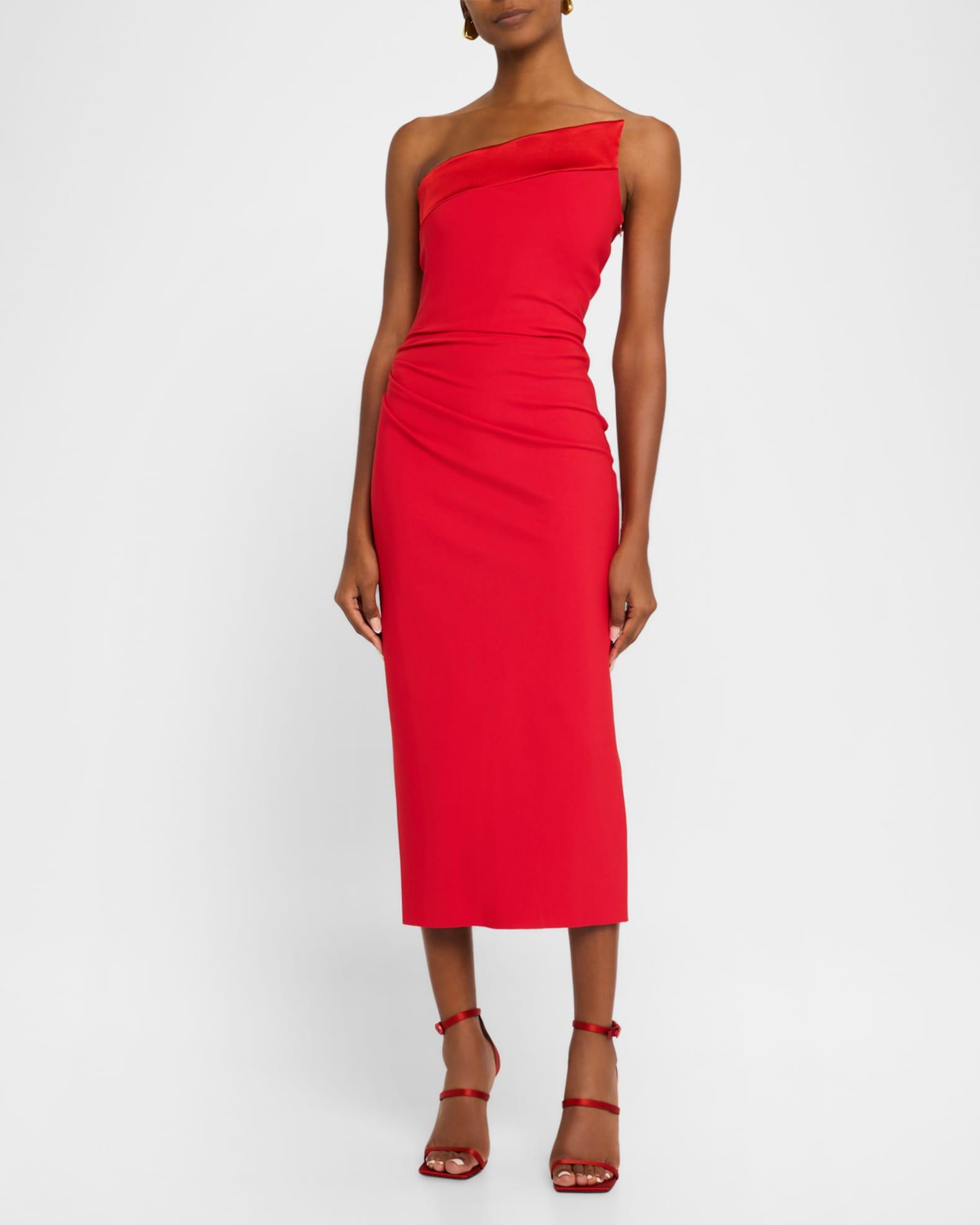 Strapless Satin-Trim Bodycon Midi Dress Product Image
