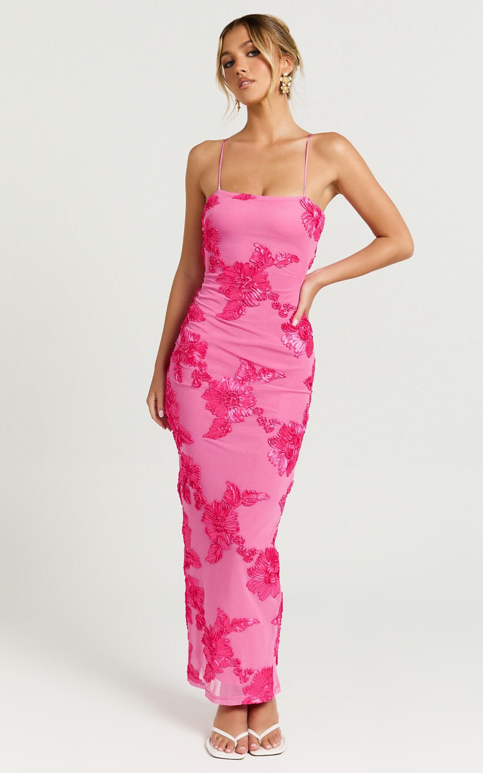 Mina Midi Dress - Embroidered Mesh Dress in Pink Product Image