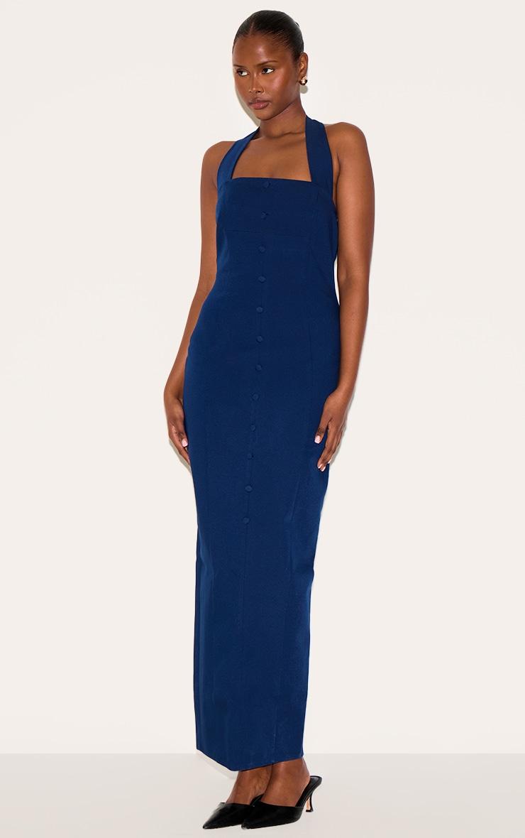 Navy Woven Halter Button Maxi Dress Product Image