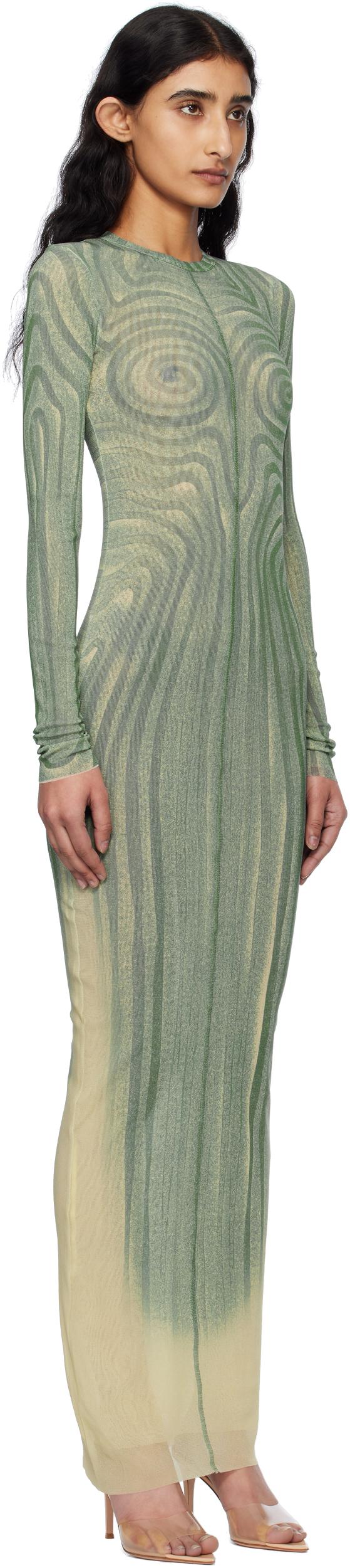 JEAN PAUL GAULTIER Mesh Long Dress With Spiral Print And Ruffles In Beige Product Image