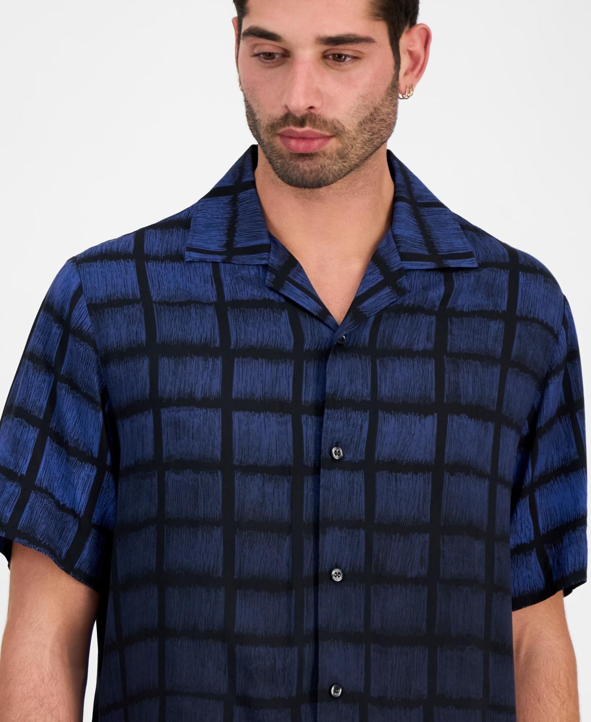 HUGO BOSS Oversize-fit Shirt In Square-print Poplin In Blue Product Image