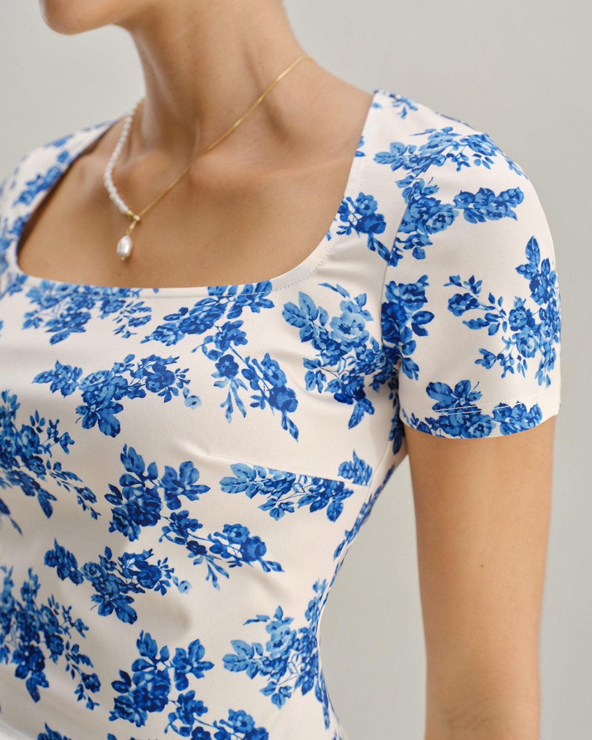 Blue Floral Short Sleeve T-Shirt Product Image
