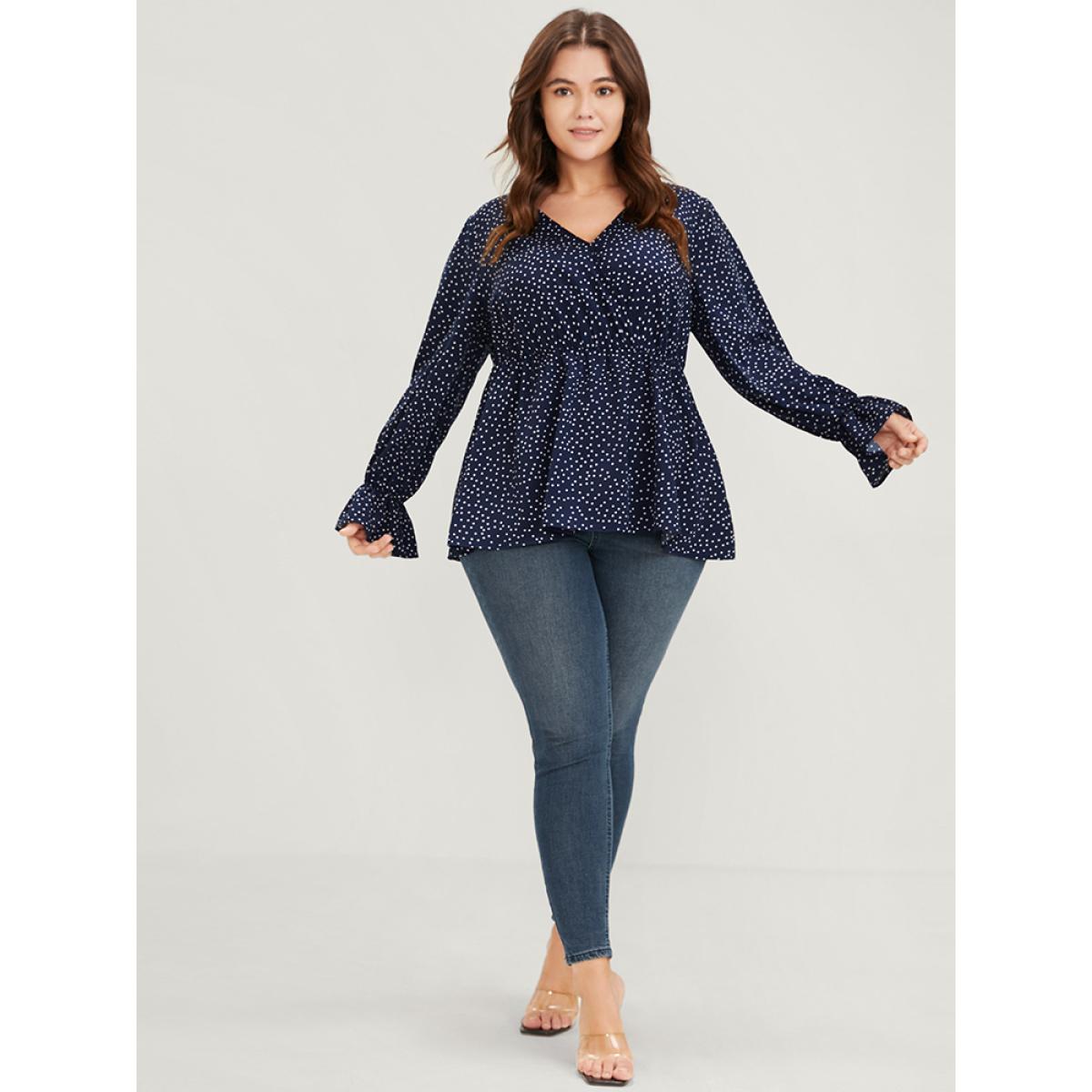 Plus Size DarkBlue Polka Dot Button Lantern Sleeve Ruffles Hem Wrap Blouse Women Elegant Long Sleeve V-neck Dailywear Blouses BloomChic 18-20/2X Product Image
